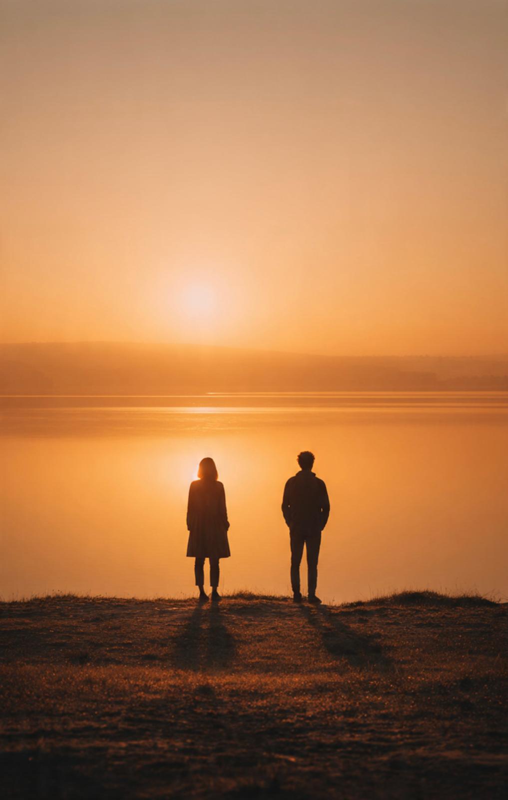 Deux silhouettes côte à côte face au coucher de soleil sur l'eau